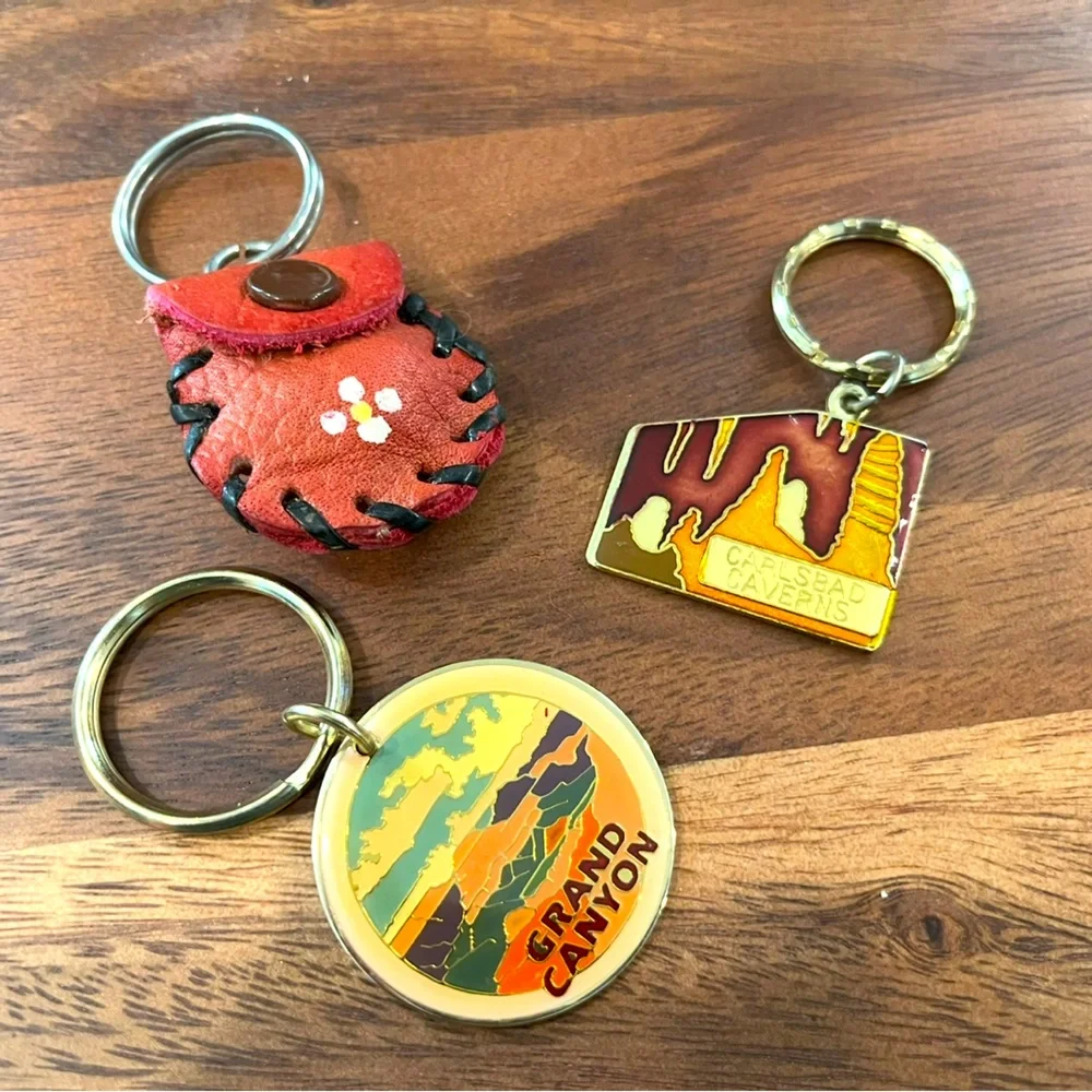 Vintage Road Trip Keychain Set Grand Canyon Carlsbad Caverns Leather Pouch